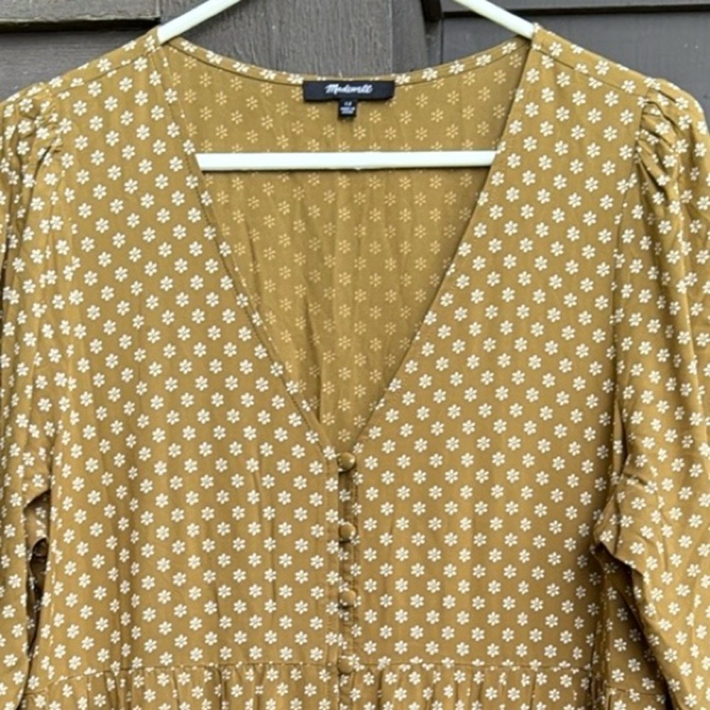 Madewell Tan and White Tiered Sundress with V-Neck